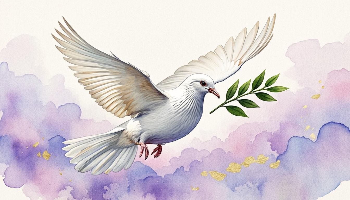 A white dove carrying an olive branch — symbol of the peace of Shalom
